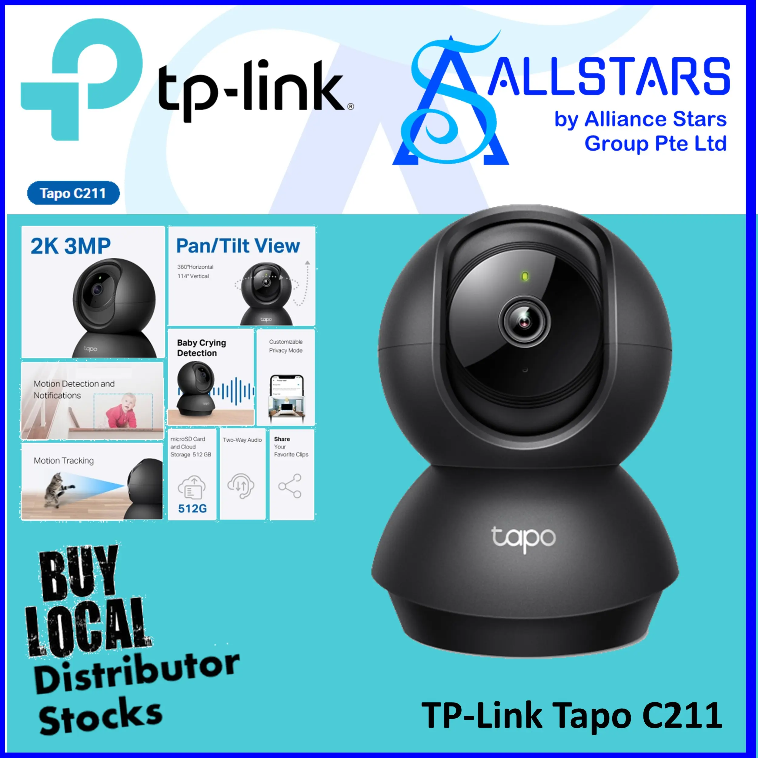 (ALLSTARS) TP-Link Tapo C211 Pan/Tilt Home Security Wi-Fi Camera 2K 3MP High Definition (Warranty 3 Years) wireless camera tapo camera