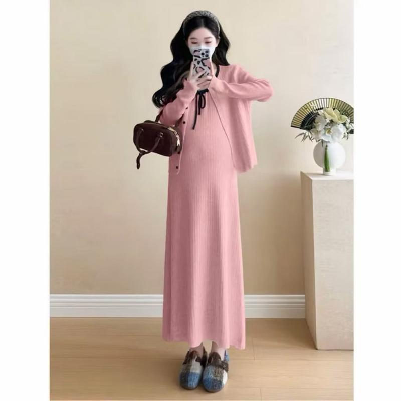 Sét váy bầu len tăm lông thỏ mềm mịn váy 2 dây kèm áo cadigan B370