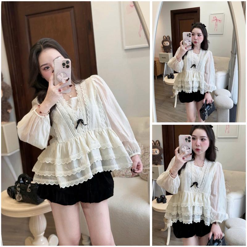 Sét Áo Tơ Tiểu Thư Mix Nơ Tầng Xoè Ống Tay Dài Kèm Chân Váy Nhung Dáng Bí Bồng Dễ Thương