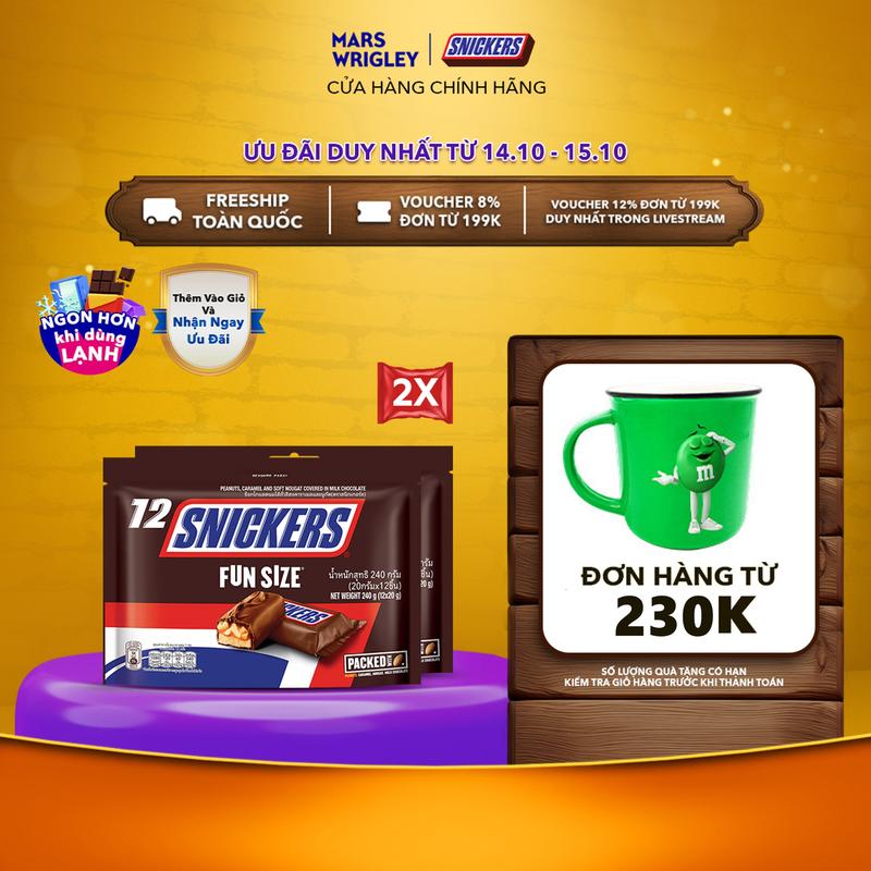 [Tặng Ly sứ cho đơn 230K] Combo 2 túi Kẹo Socola Snickers Funsize 240g (12 thanh x 2)