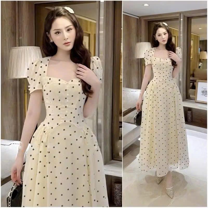 ĐẦM DÀI TRẮNG CHẤM BI CỔ TIM TAY PHỒNG | THIẾT KẾ NÀNG THƠ - NALA DRESS