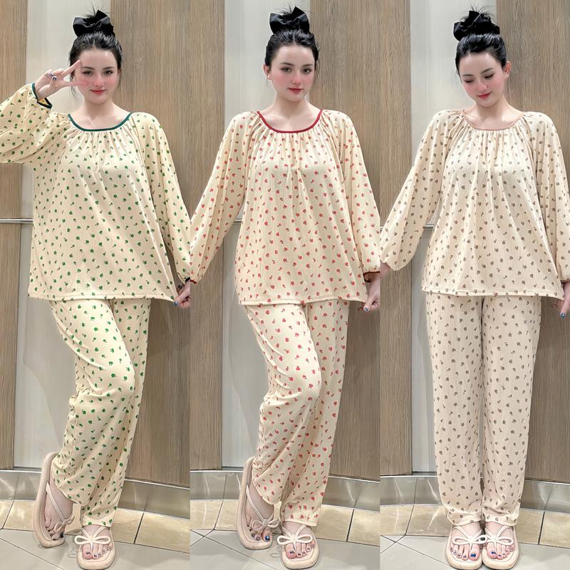  set babydoll dài phối viền màu hoạt tiết hoa nhí trên nền kem dễ thương có đường may sau lưng 