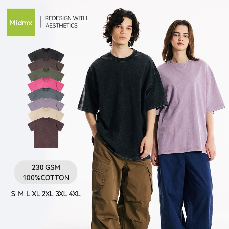 MIDMX Áo thun unisex dáng rộng phong cách đường phố cổ điển, chất liệu cotton cao cấp 100%, màu trơn, dành cho nam và nữ, áo mùa hè, cổ tròn rộng rãi, kiểu dáng Hàn Quốc thời trang