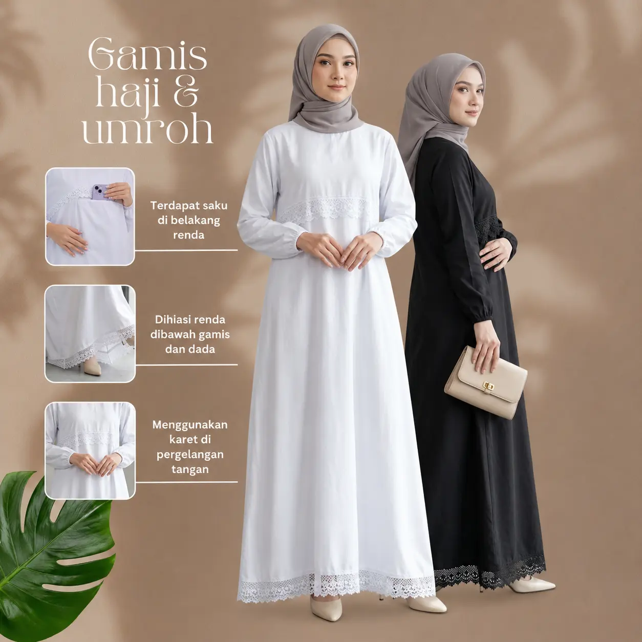 Gamis Wanita Haji Dan Umroh Bersaku Fungsional Renda Premium Putih Bersih