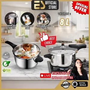 [ES x Indah Putri PO 30Hari] Panci Presto 8L Premium Stainless Tebal Garansi 1 Thn ES x Royalstar Bahan Full Stainless Lapisan Lebih Tebal Makanan Cepat Matang Kitchenware