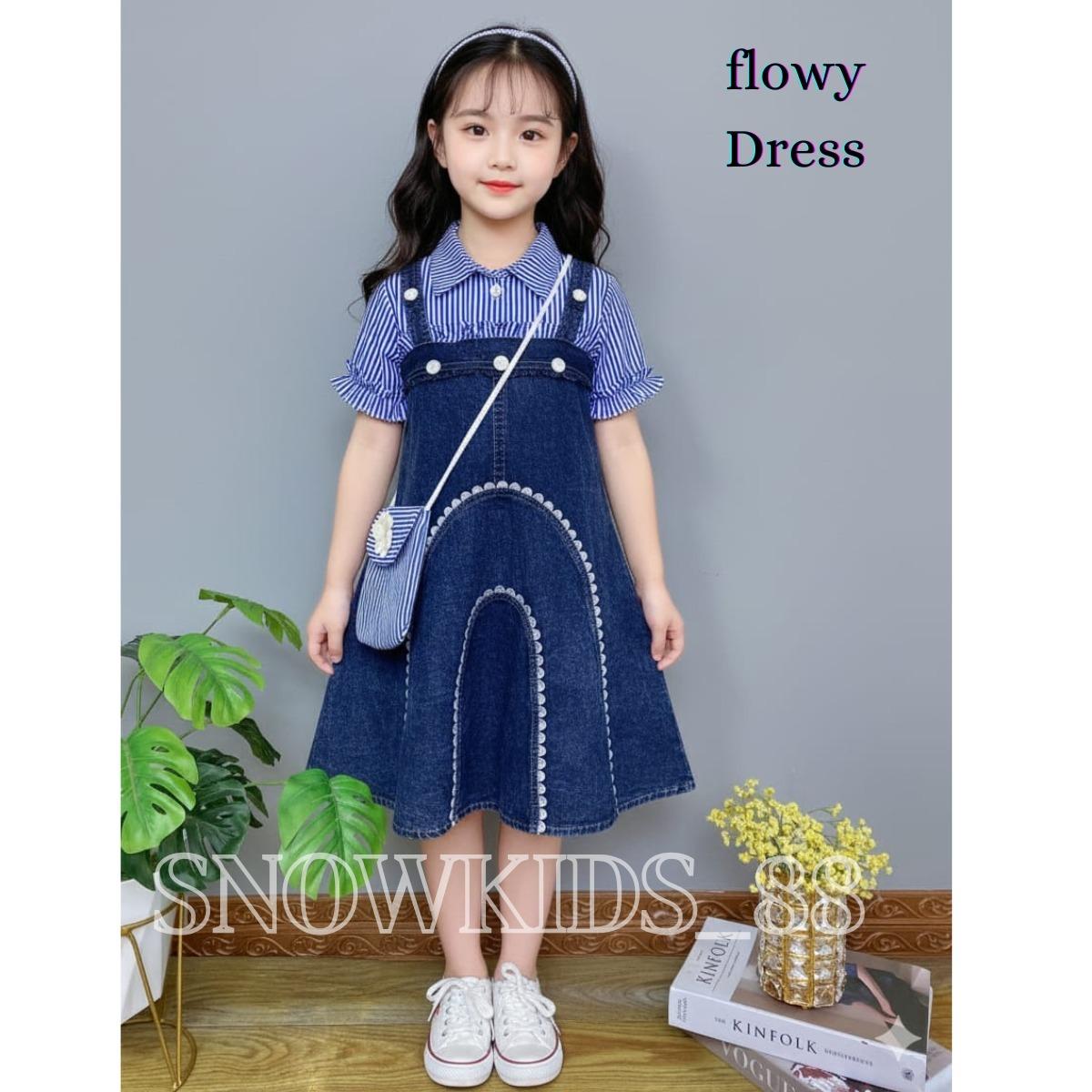 SNOWKIDS_88 - Dress Jeans Anak Flowy Bahan Jeans Mix Katun Salur Udah Free Tas Usia 3-10 Tahun Dress Katun Kancing Anak Perempuan Fashion