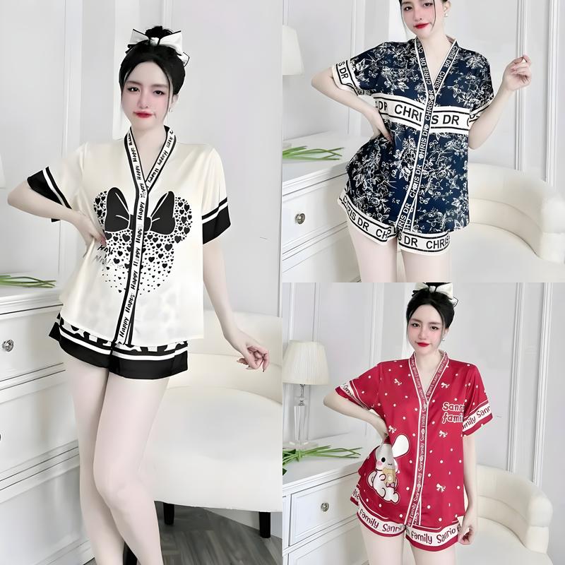 Bộ Đồ Pijama Cổ Y Dành Cho Nữ Hoạ Tiết Dễ Thương Chất Liệu Vải Lụa Latin Cao Cấp V1