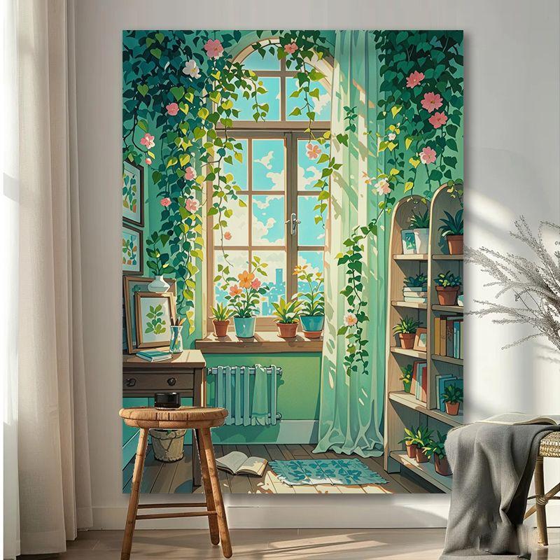 Vải nền hoa phong cảnh cửa sổ, phong cách Instagram, màu ấm, vải treo, thích hợp cho phòng, phòng ngủ, ký túc xá, phòng Khách, vải treo tường trang trí Studio 2