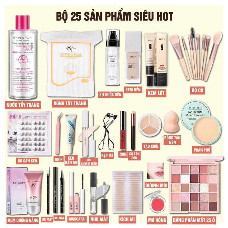 [DEAL HOT] Bộ 25 sản phẩm siêu hot và 15 sản phẩm nâng cao trang điểm makeup cho người mới tập makeup có kem nền mềm mịn che khuyết điểm, bảng mắt 25 ô, phấn phủ kiềm dầu...