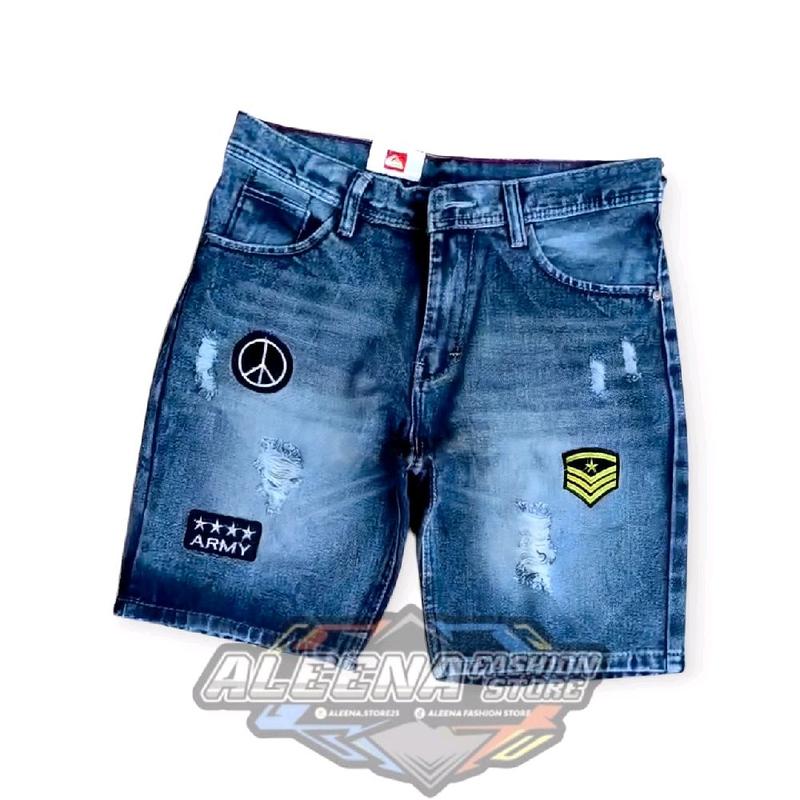 Celana Pendek Jeans Pria Model Sobek Emblem Bordil Size 27-38 Distro Skinny Denim Hitam Cowok Dewasa Biru 3
