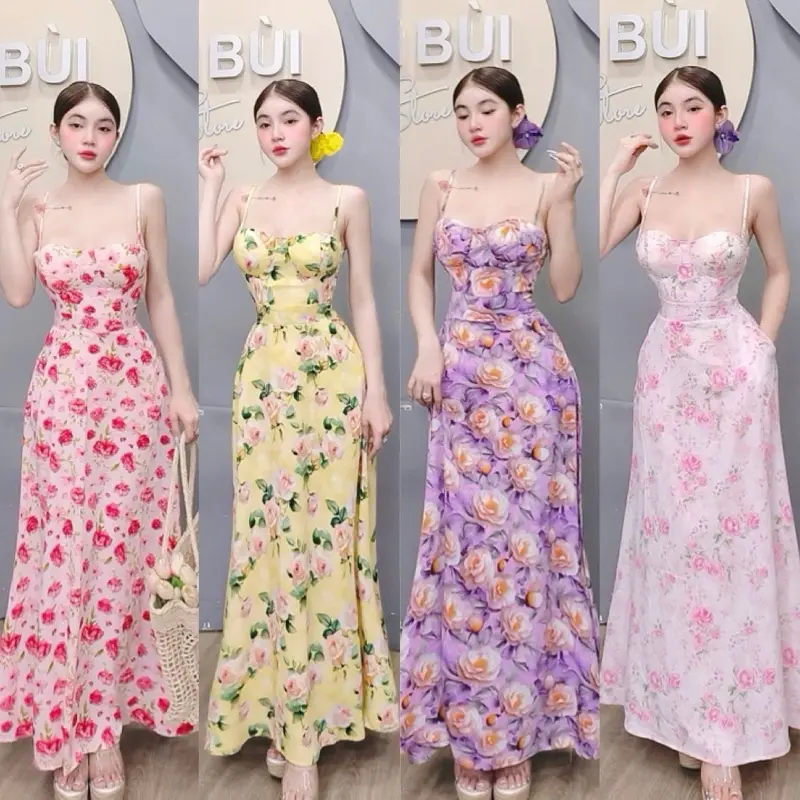 D309 - Đầm Lụa Hoa 2S Xoè Dáng Dài Có Túi Mai Bùi Store