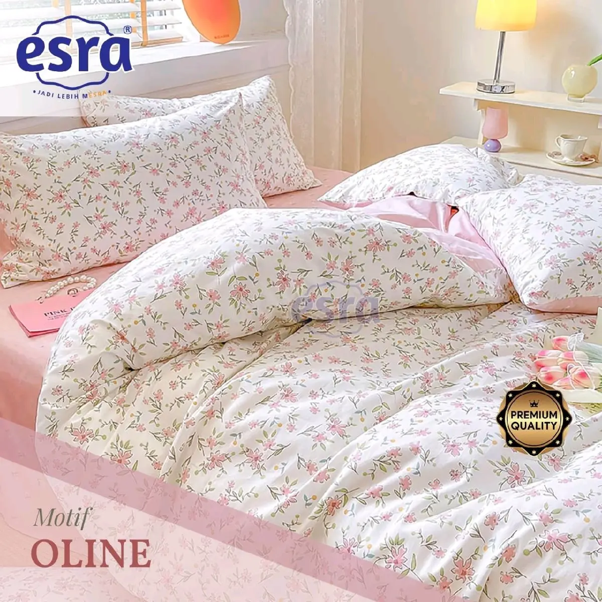 Sprei Set Karet  Katun Lokal Esra Motif Oline Bunga Pink Uk.90|100|120|140|160|180|200