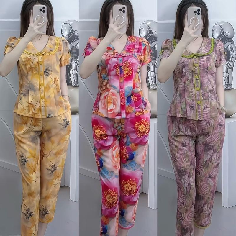 Quần 9 tấc Sét đồ bộ mango cổ ren 2 lớp phom trích 6 ben họa tiết trẻ trung Top Áo Tre Kem