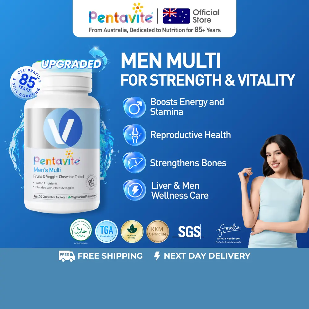 Pentavite UPGRADED Multivitamin Lelaki Buah & Sayuran, Dinaik taraf dengan 20 Nutrisi Untuk Tenaga, Boleh Kunyah (30-90 Tablets) | Men Multi Fruit & Veggies For Energy, Strength & Daily Health