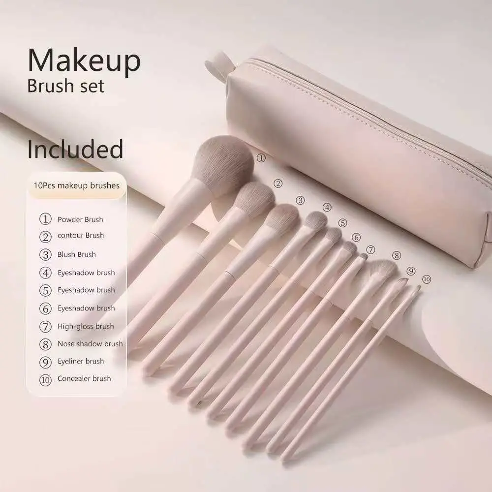 Brush Makeup Set 10pcs + Tas, Kit Wajah Lengkap untuk Pemula - Bulu Halus, Cocok untuk Bedak, Blush On, Eyeshadow