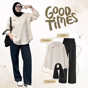 One Set Kantor Wanita Style (Kemeja Korean Style + Celana Kulot + Pashmina Ceruty Hitam) || Setelan Kulot Wanita RO067
