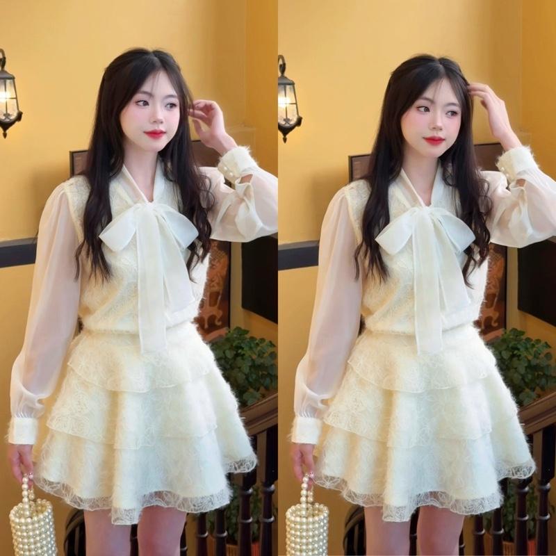 MiiuShop- Set váy 2ct gồm áo sơ mi đính và chân váy tafta