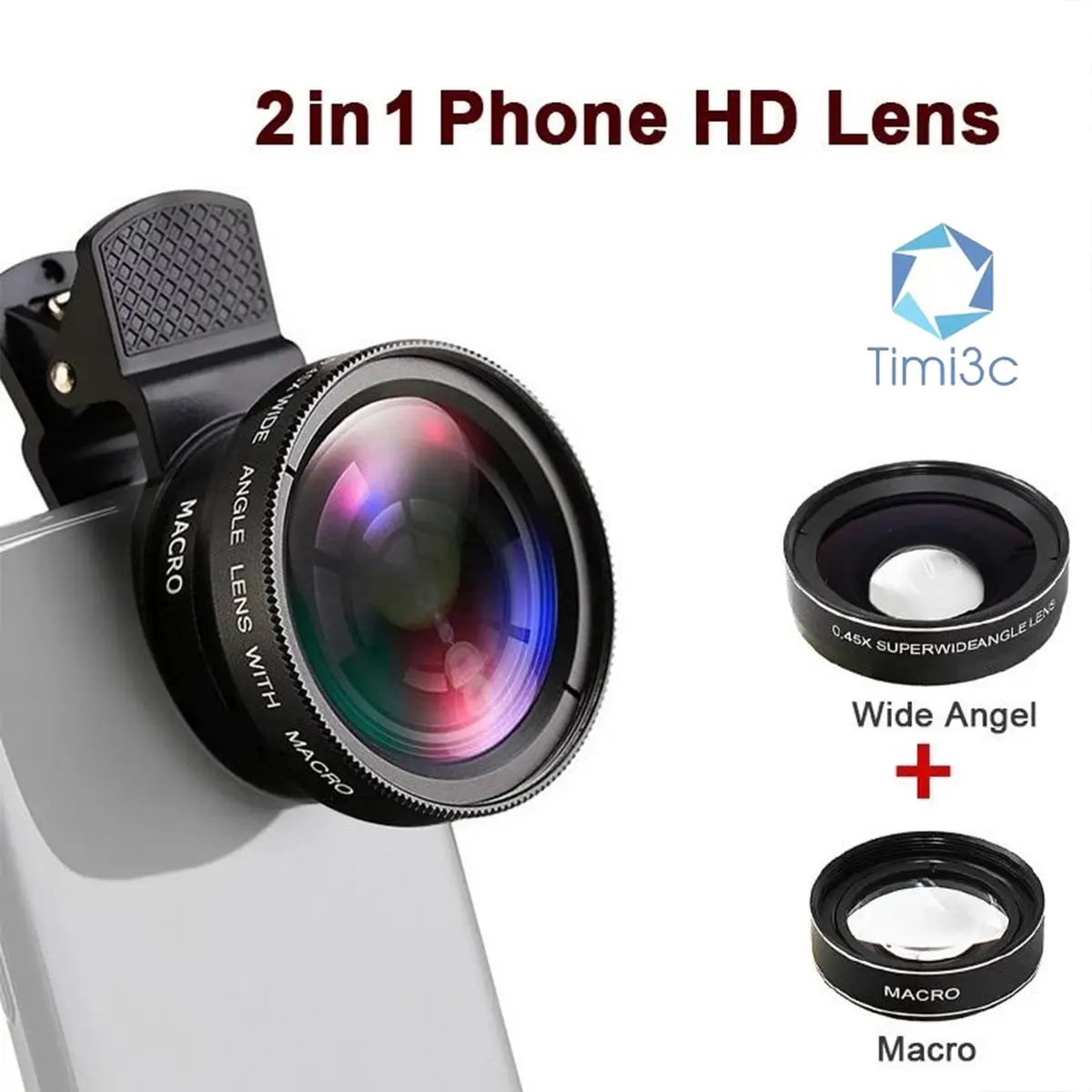 2in1 0.45x Super Wide Angle + 12.5x Macro Phone Clip Camera Lens Fish Eye for Mobile Phone / Tablet / Camera /shot Accessories Alloy Black