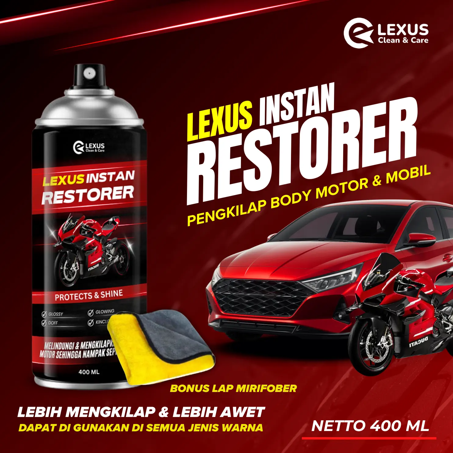 LEXUS INSTAN RESTORER PENGKILAP DAN PENGHITAM BODY MOTOR 400ML Car Baret Kain