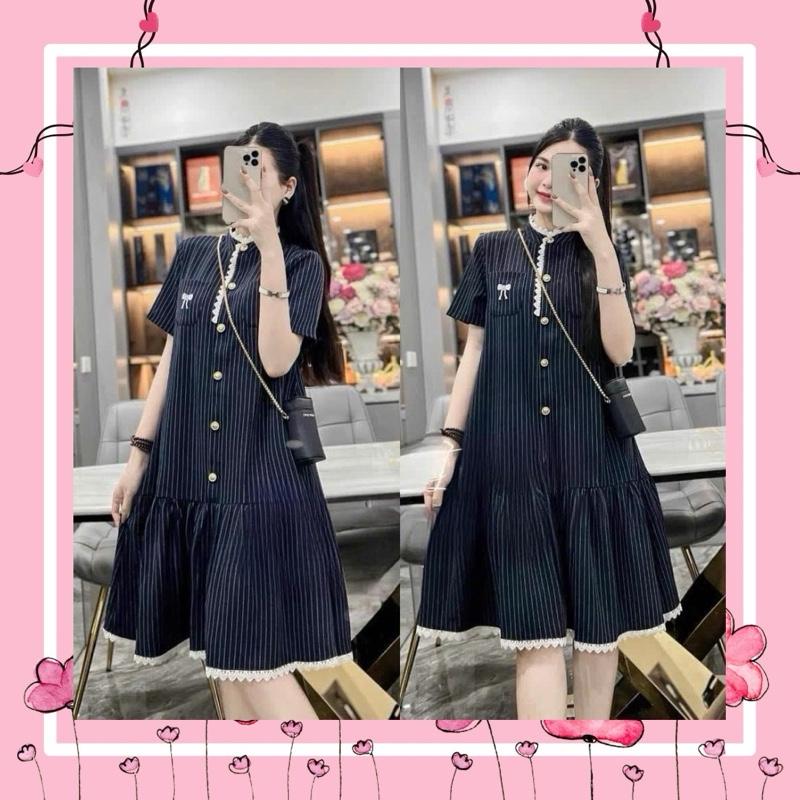 Váy Bầu Váy Sau Sinh (V169) Kẻ  Xanh- Ghi Thêu Nơ - Cổ Hoa Cúc- Dáng babydoll  ( 40-70kg). 0