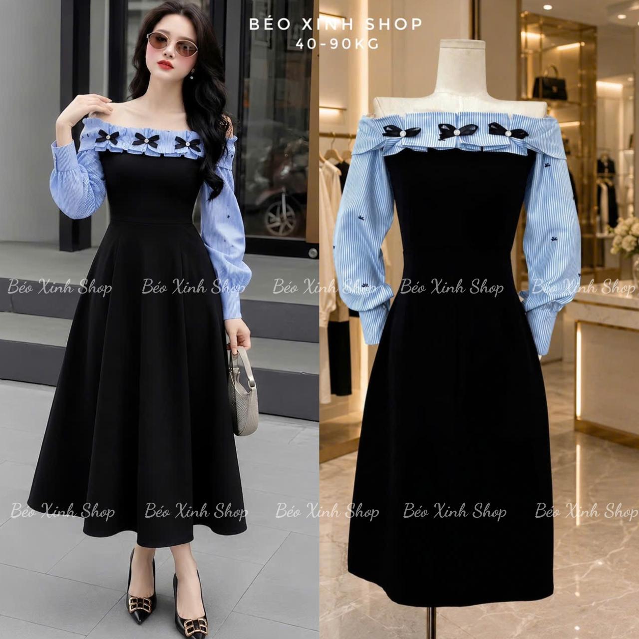 Váy Dự Tiệc Thiết Kế Tay Dài Trễ Vai Phối Nơ (Vải Tuyết Mưa Phối Sọc Nơ Cotton) Cao Cấp Thanh Lịch Sang Trọng Cho Các Nàng Bigsize 40–90kg Thời Trang Nữ Béo Xinh Shop - A.1807