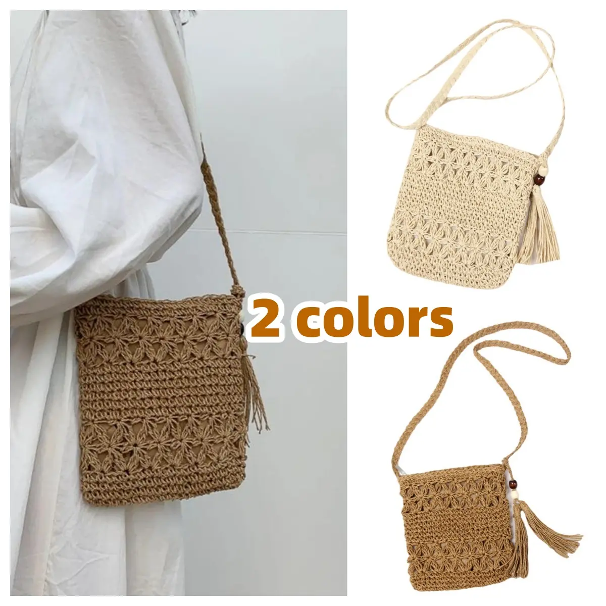 Fashion Women Beach Woven Straw Shoulder Messenger Bags With Tassel Boho Hollow Out Crochet Crossbody Handbag For Ladies