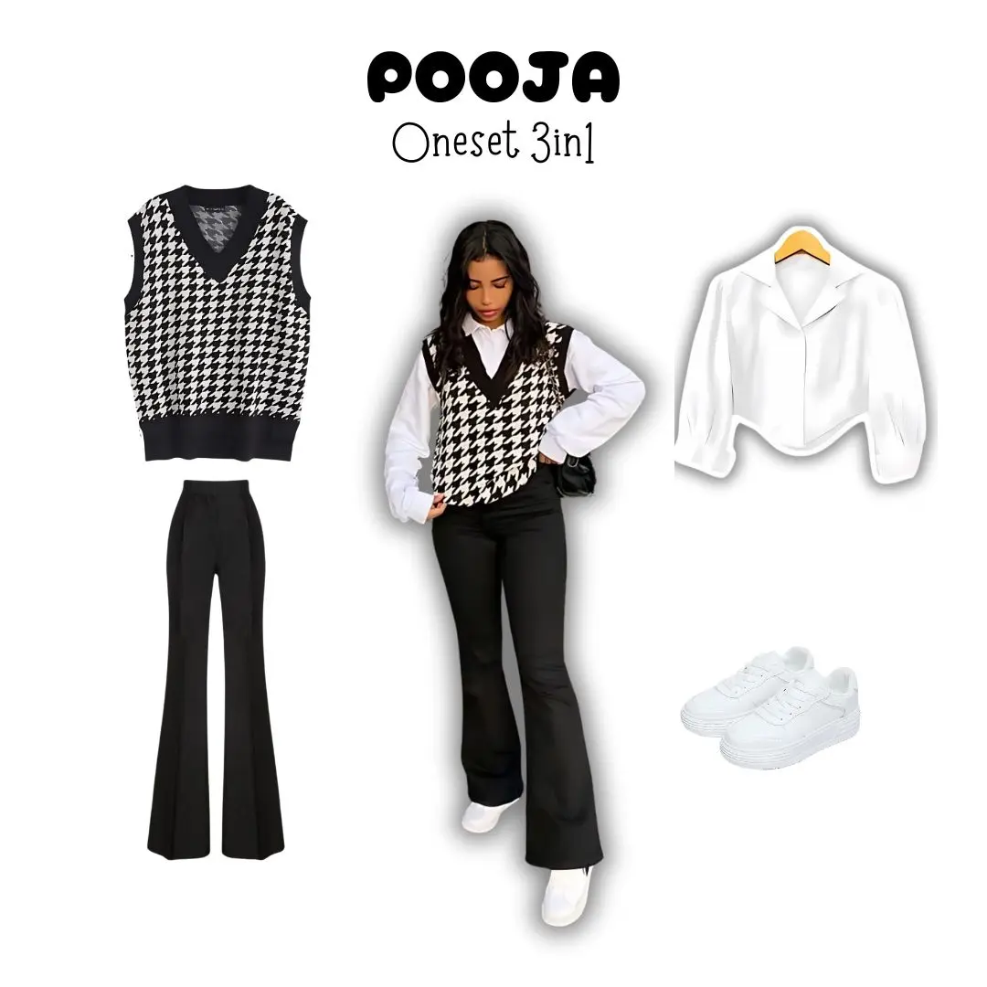 one set 3in1 kemeja crop putih cardigan vest sweater knit hitam putih celana kulot cutbray highwaist hitam | perempuan wanita cewek ootd kuliah hangout pantai nonton bioskop konser cafe korean style HK22