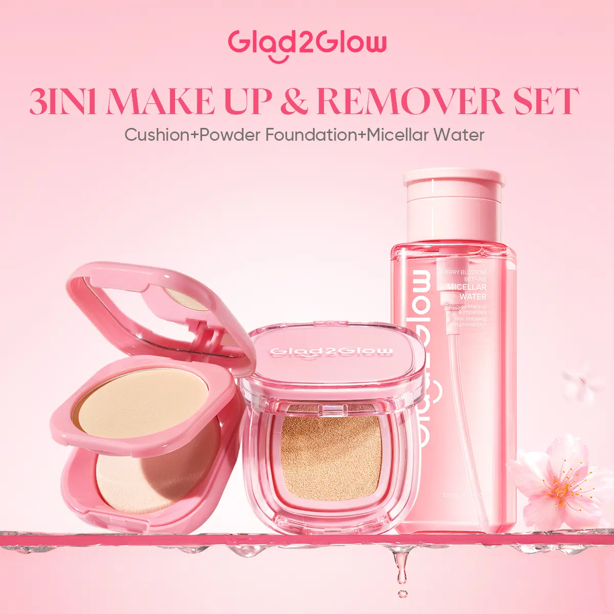 Glad2Glow Cushion&Skincare 3 in 1 cushion+powder foudation+micellar water perfect cover makeup set dengan kandungan skincare mencegah kekusaman dan kulit kering sepanjang hari G2G Longlast Berry Wajah Foundation Concealer