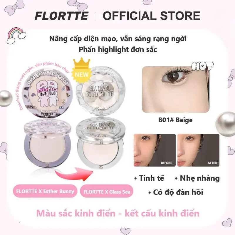 Flortte Sắc hồng độ sáng cao,phấn bắt sáng, lấp lánh, mịn mượt, không lộ vân, trang điểm nữ tính, tăng độ sáng cho gương mặt, 4g