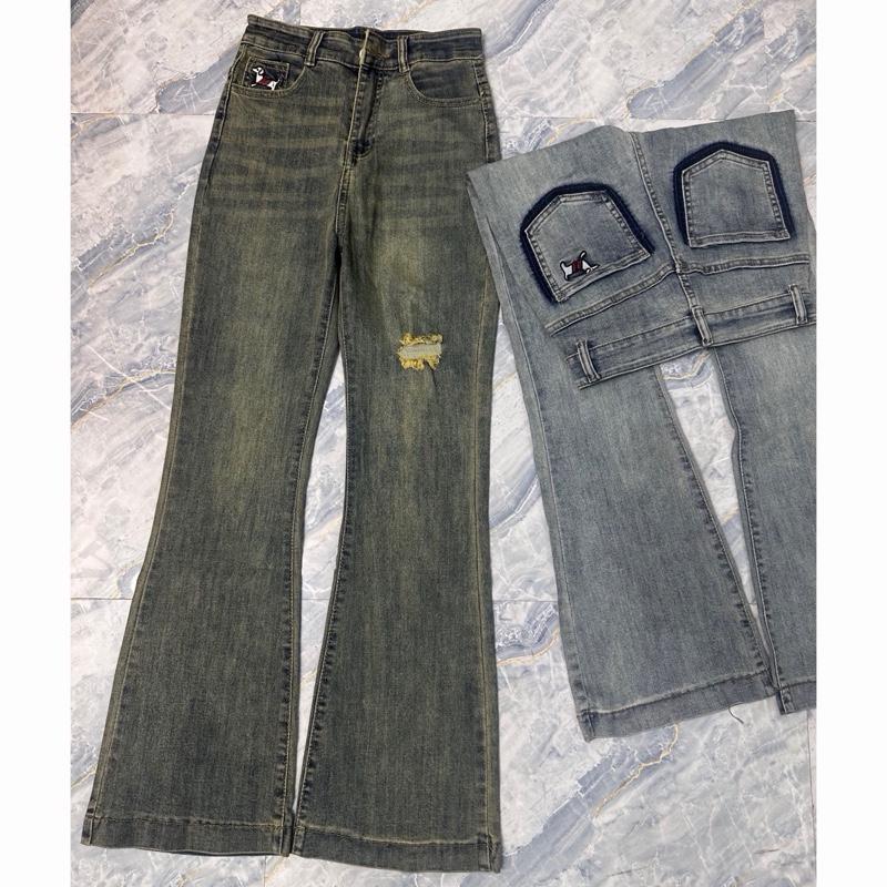   Dài 100cm   1113-1115  Quần Jeans Ống Loe Rách 1 Bên Đùi Thêu Hình Dễ Thương Women 