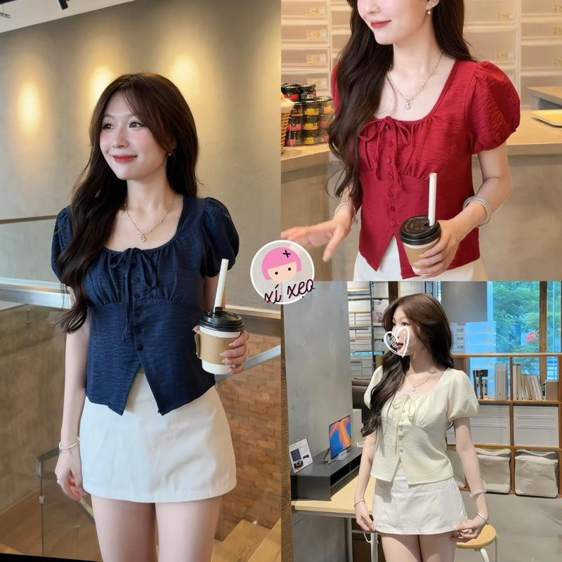 Áo babydoll đũi XIXEOSHOP kiểu xinh tay phồng thắt nơ tiểu thư - A23