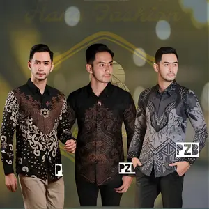 Batik Pria Lengan Panjang Batik Azmil HRB026 Motif Kekinian Kode 002 Size M L XL XXL Baju Katun Hitam Cowok
