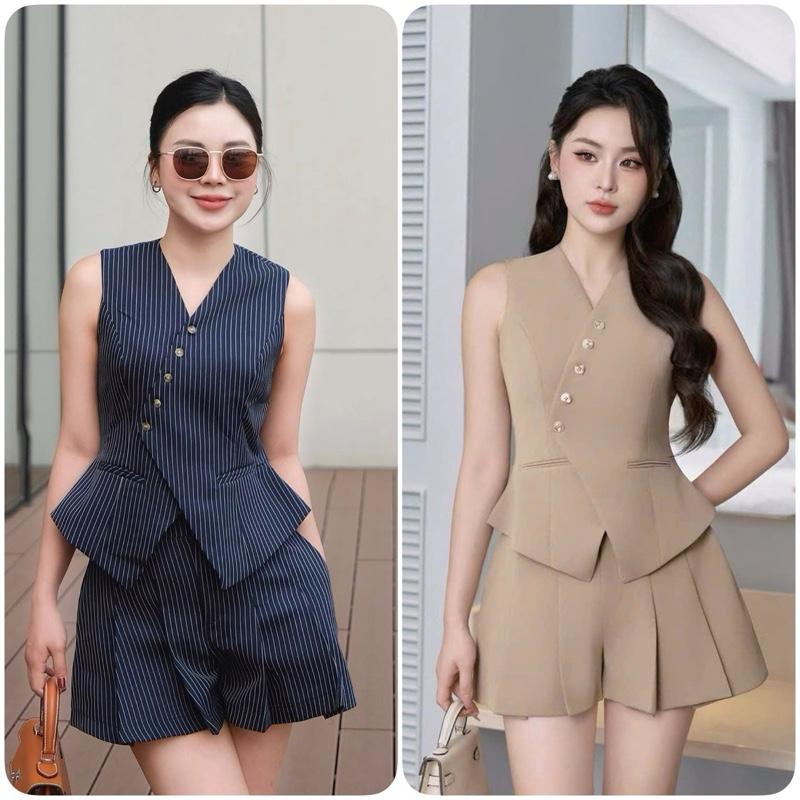 Mã T82 set đồ nữ áo cổ V nút xéo quần xoè màu nút vàng hoặc đen tuỳ đợt phụ kiện
