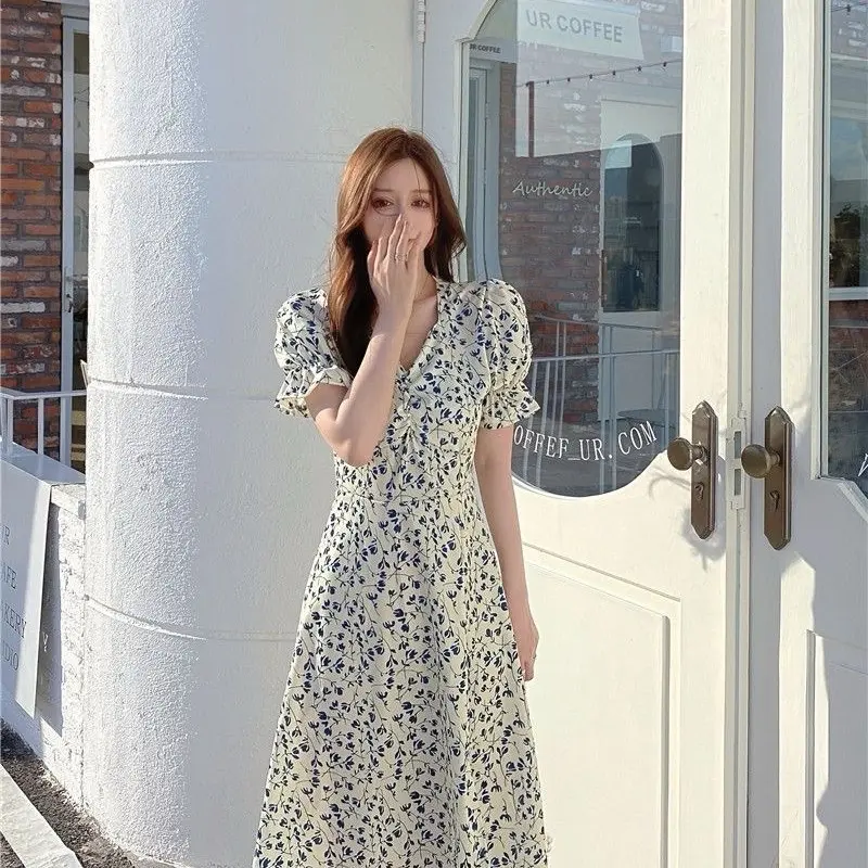 dress wanita casual Bloomy BlueFlower Dress Korean Midi Dress Wanita Casual - D127 - Shop
