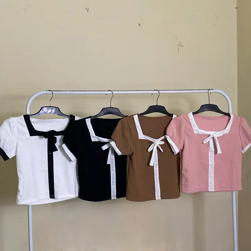 Robbyn  top Slim-fitting Polos Slim-fitting Santai Katun Kancing variasi pita aktif  Atasan Nyaman Wanita lembut rib  lengan puffy tanpa karet Lembut Baju