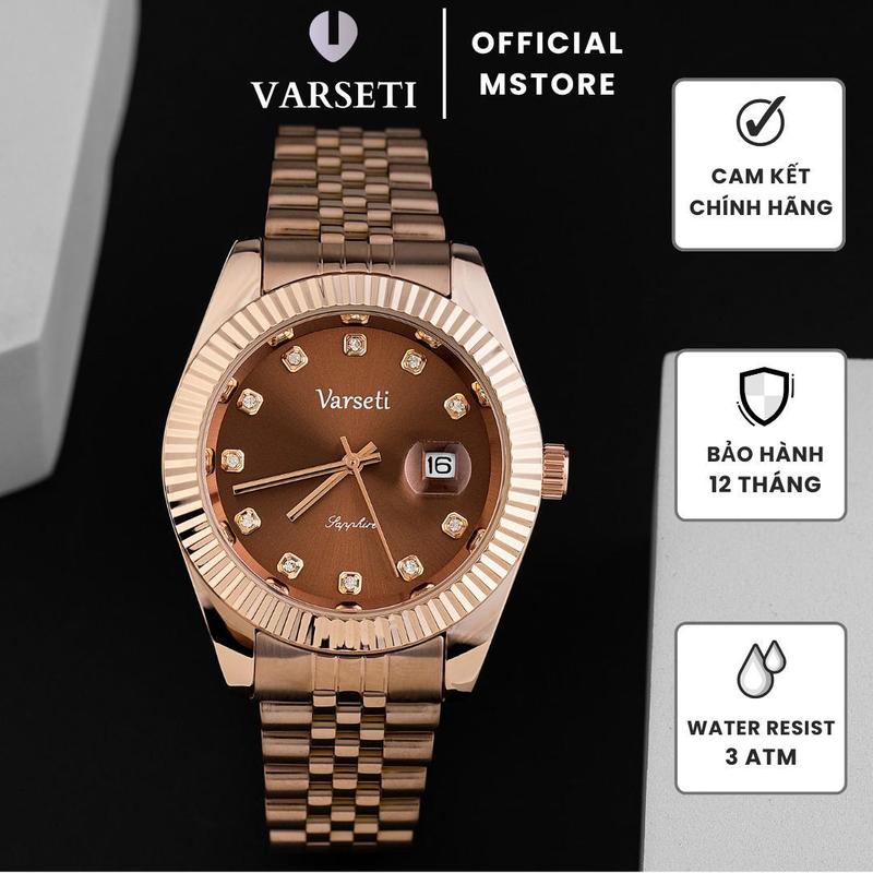   ĐÌNH TRƯỞNG  M221 - Đồng hồ Varseti nam dây thép vàng – Mặt nâu champagne sunburst đính đá vành khía fluted sang trọng lịch ngày kính lúp 3h – Lưng lộ máy chống nước 3ATM 