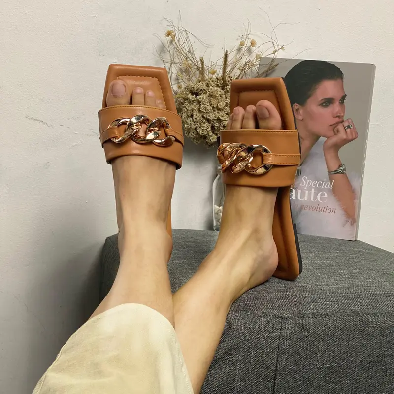 CHELLTIC Sandal Selop Flat Teplek Wanita Terbaru|Sendal Teplek Korea Casual Aksen Rantai Size 37 - 40 Slop Slip On Empuk Flat Cewek Women Shoes 38 39 Trendy Nyaman Modis Dan Elegan Karet 5
