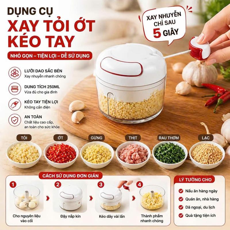 COMBO 2 Dụng cụ xay tỏi ớt cầm tay, máy xay thực phẩm mini kéo tay tiện lợi