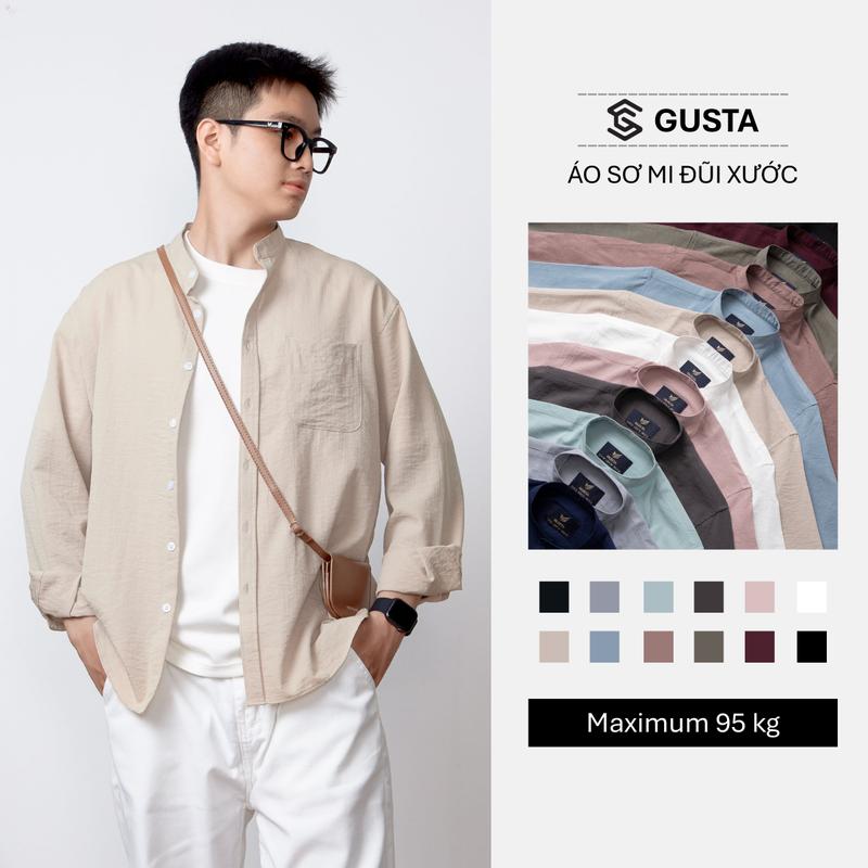 Áo sơ mi nam cổ tàu GUSTA đũi xước cao cấp form đứng gọn, sơ mi nam cổ trụ thanh lịch - SM121