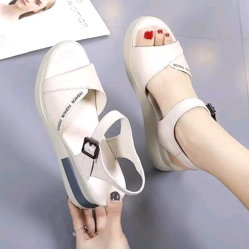 Sendal Cewek Kasual Formal Kekinian Aurora Series Wanita - Sandal Wedges Terbaru Korean Style Hak Tinggi Slip On Karet Flat Perempuan