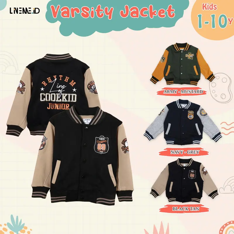 Varsity jacket anak laki-lai usia 1-10tahun warna BLACKTAN jacket linemekids Cewek Cowok Nyaman Lembut Balita 0
