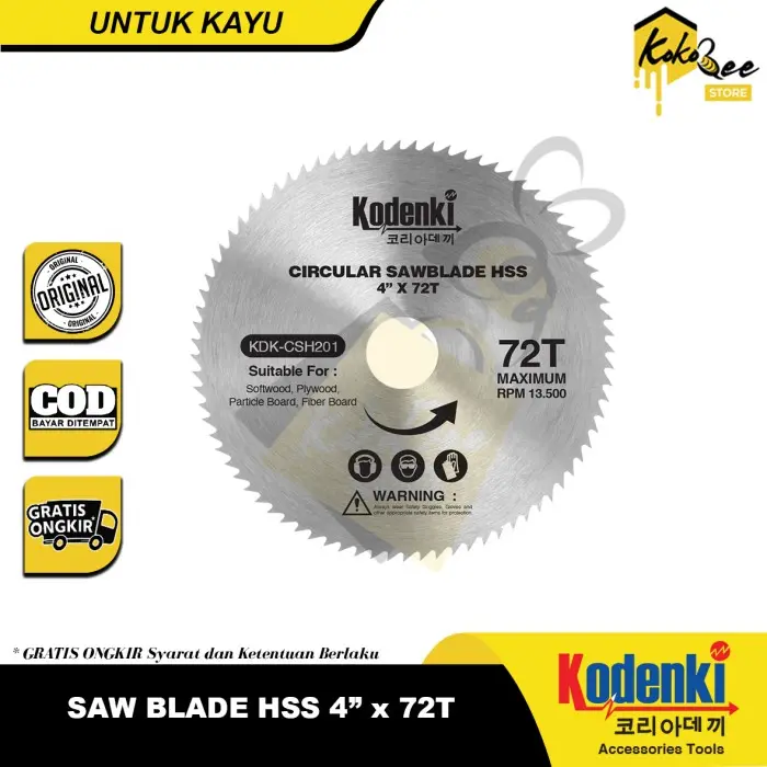 KODENKI Mata Gerinda Potong Kayu Saw Blade 4" x 72T HSS Circular Saw Blade 4 Inch 72 Mata High Speed Steel Pisau Potong Gerinda Tangan Kayu Triplek HPL Plywood WPC Bambu Plastik Tulang - Saw Blade HSS 4 inci 72T