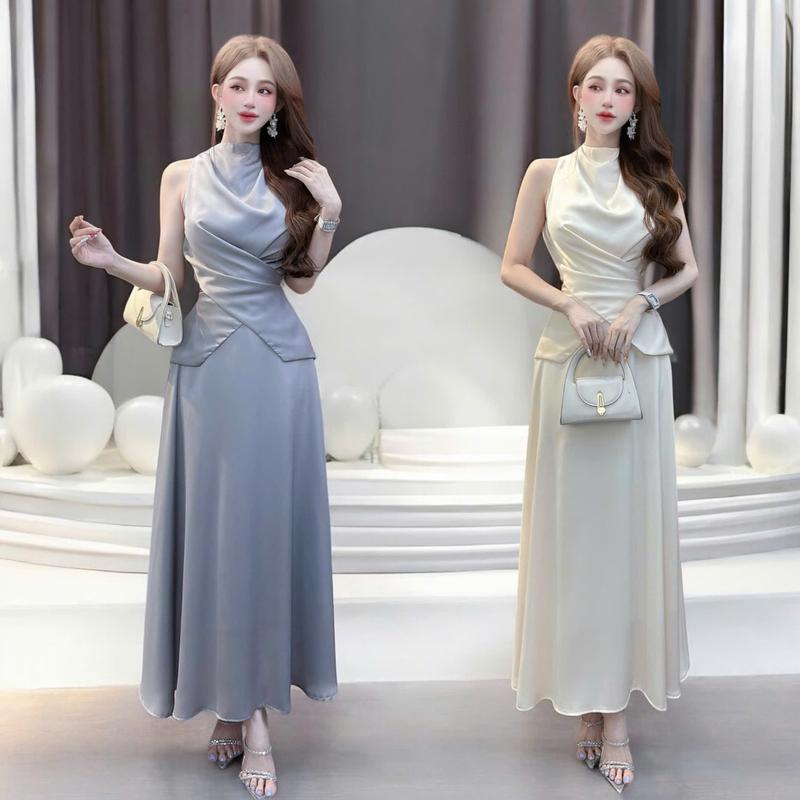 *Set áo váy thiết kế CRAZYTEEN S5989 dành cho nữ gồm áo cổ yếm tà cột vạt lệch và chân váy dáng suông để đi chơi ( Áo cổ yếm cột tà/ Chân váy ) áo kiểu xinh chân váy lụa