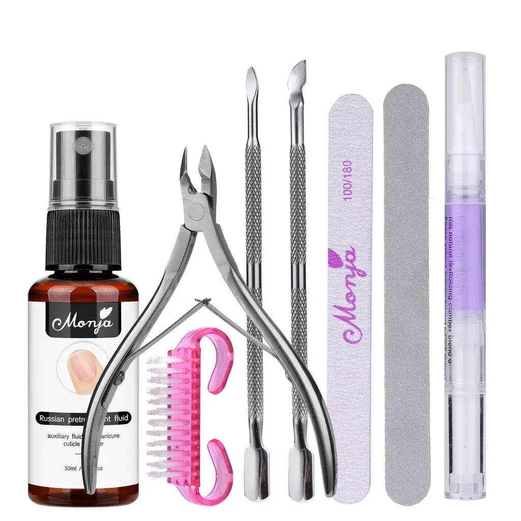 Monja 8Pcs Nail Cuticle Remover Kit Natural Nails Tips File Buffer Cuticle Softener Pusher Scissors Cutter Dead Skin Nutriotion Oil Repair Manicure Pedicure Tools