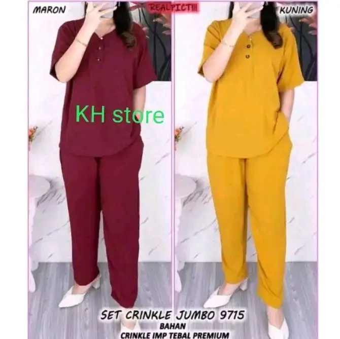 setelan pakaian wanita crinkle air flow terbaru lengan pendek clana panjang bhan crinkle 1