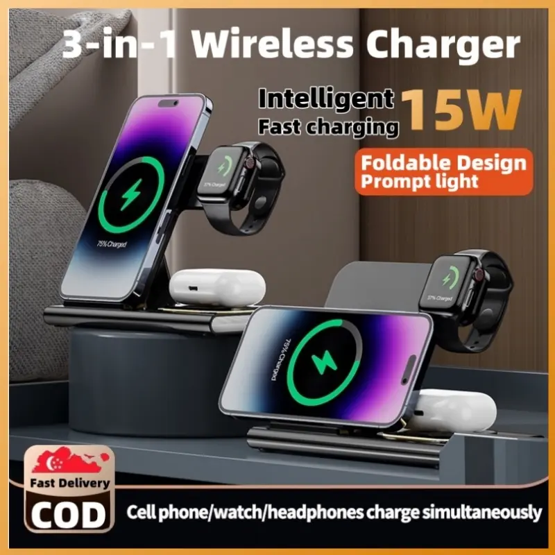 3-In-1 Foldable Wireless Charger Fast Charging Dock Station Phone Holder Wireless Charger Stand For Phone Magnetic
