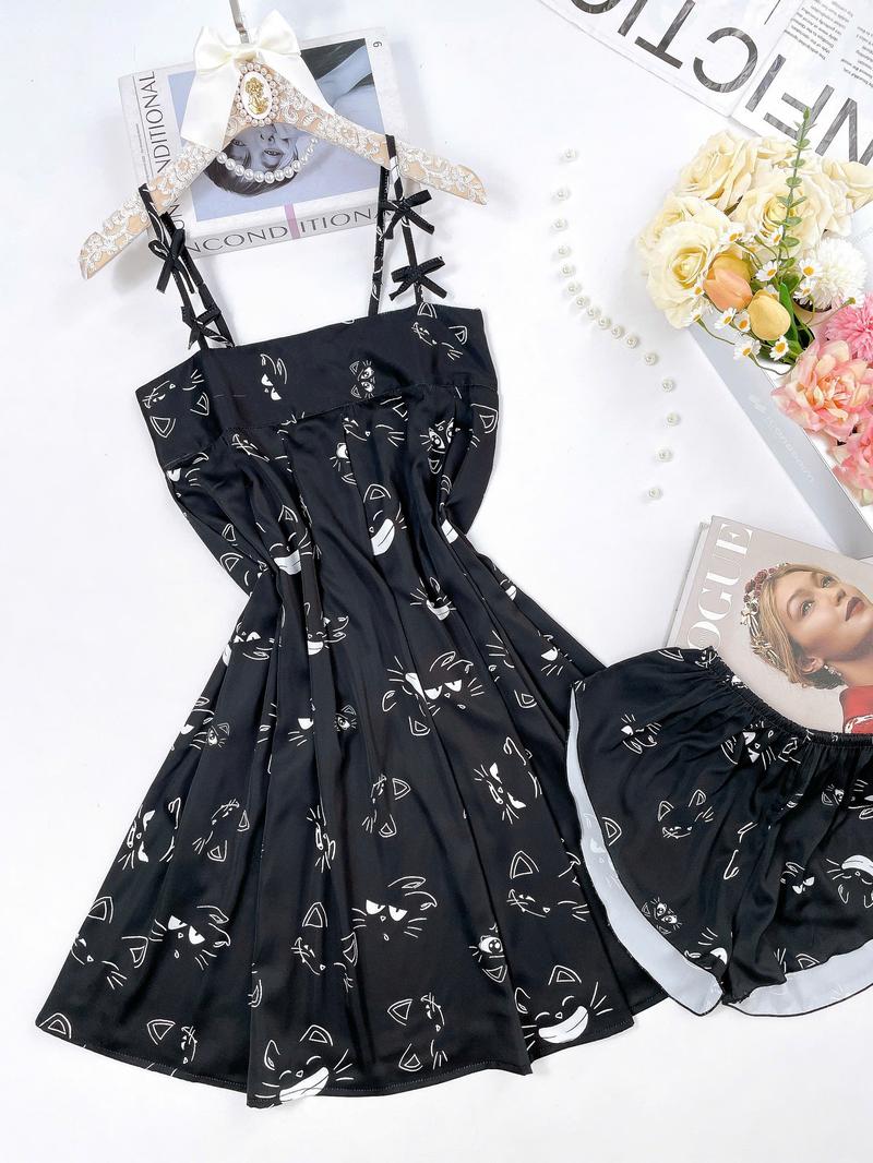 Product Introduction of (Kèm quần) Đầm ngủ lụa xếp ly ngự đính nơ dễ thương chất latin mềm mịn in họa tiết dễ thương 40-65kg 16