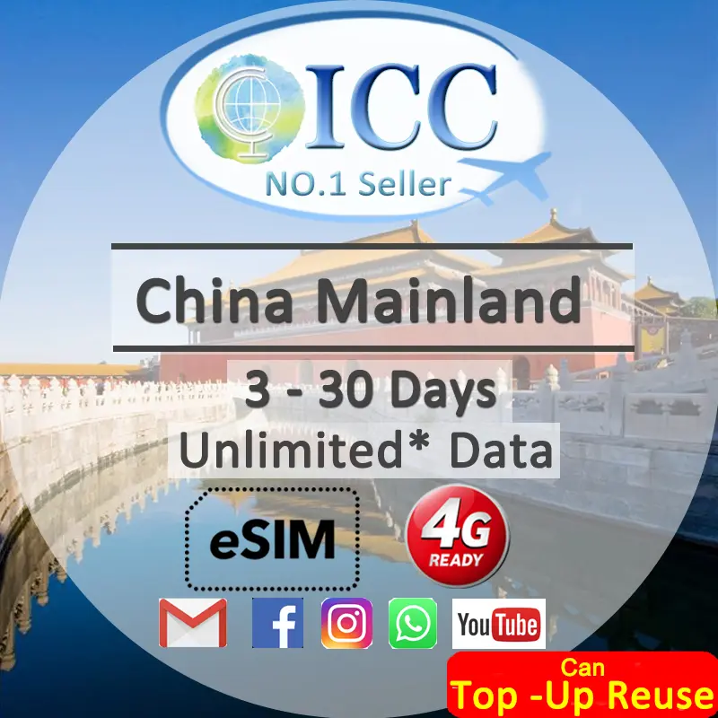 ICC Travel SIM- China Mainland 3-30 Days Unlimited Data  (Can top up reuse)