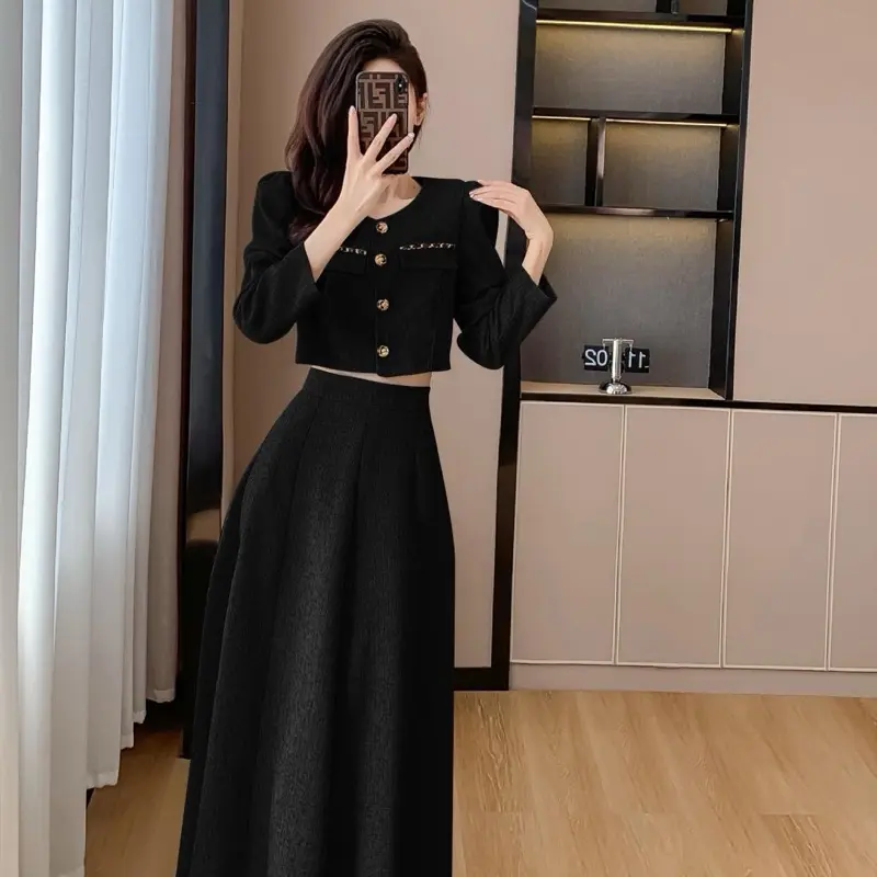 DOHEE TWEED ONE SET PREMIUM | SETELAN WANITA KOREAN STYLE LONGSLEEVE TOP AND MIDI SKIRT - OS381 3