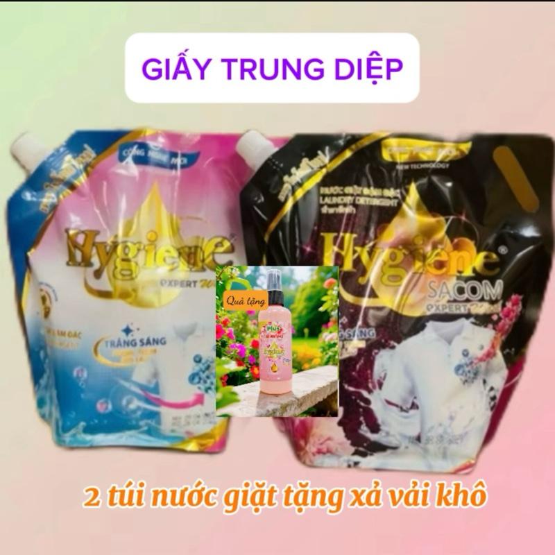   Tặng xả vải hương Downy  Combo 2 túi nước giặt xả Hyhiene Sacom túi 1800ml tặng kèm chai xả vải khô Hygiene màu hồng 